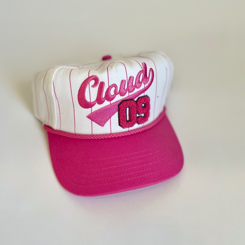 Cloud 9 Pink Pinstripe Snapback Hat White Chenille Patch Rope Detail Adjustable